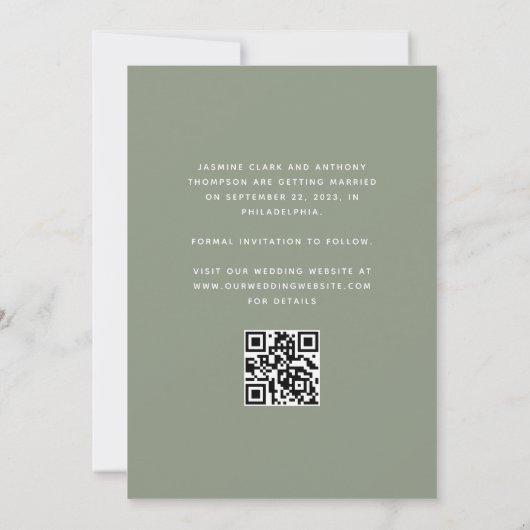 Minimale 3-foto Collage Arch QR Code Sage Groen Save The Date (Achterkant)