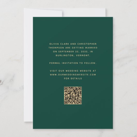 Minimale 3-foto Collage Emerald Green Gold QR-code Save The Date (Achterkant)