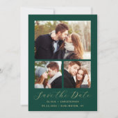 Minimale 3-foto-collage smaragdgroen goud QR-code Save The Date (Voorkant)