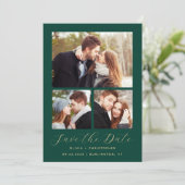 Minimale 3-foto-collage smaragdgroen goud QR-code Save The Date (Staand voorkant)