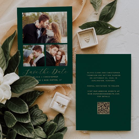 Minimale 3-foto-collage smaragdgroen goud QR-code Save The Date