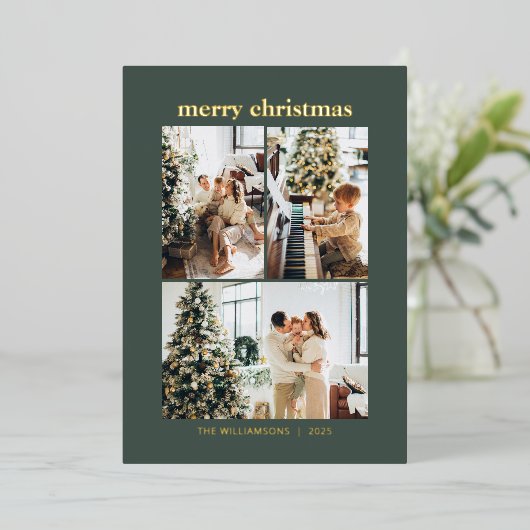 Minimale 3 foto collage vrolijk kerstfeest groen g folie feestdagenkaart (Staand Voorkant)