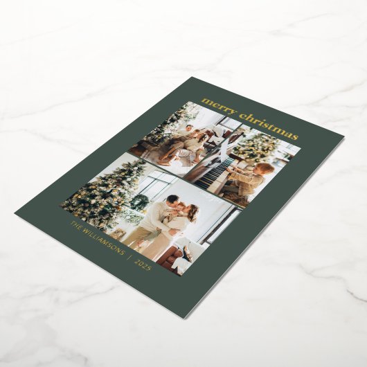 Minimale 3 foto collage vrolijk kerstfeest groen g folie feestdagenkaart (Gedraaid)