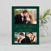 Minimale 3-foto Emerald Green Gold Save the Date Folie Uitnodiging (Staand Voorkant)