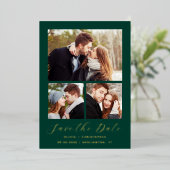 Minimale 3-foto Emerald Green Gold Save the Date Folie Uitnodiging (Staand Voorkant)