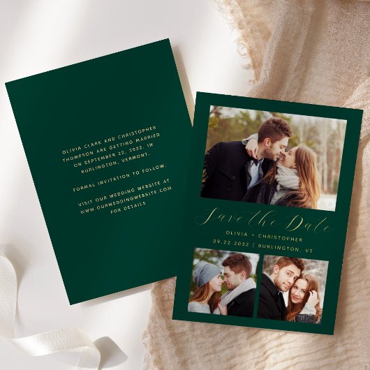 Minimale 3-foto Emerald Green Gold Save the Date Folie Uitnodiging