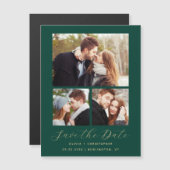 Minimale 3-foto Emerald Green Gold Save the Date Magnetische Uitnodiging (Voorkant / Achterkant)