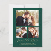 Minimale 3-foto Emerald Green Gold Save the Date Magnetische Uitnodiging (Voorkant)