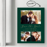 Minimale 3-foto Emerald Green Gold Save the Date Magnetische Uitnodiging<br><div class="desc">Deze eenvoudige, minimalistische magneetkaart van Save the Date heeft een horizontale foto boven de woorden "Save the Date" in een elegant goudkleurig handschrift, gevolgd door de namen van het paar, de trouwdatum en de stad in een schreefloos lettertype op een smaragdgroene achtergrond. Twee kleinere, vierkante foto's verschijnen aan de onderkant...</div>