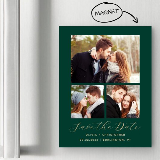 Minimale 3-foto Emerald Green Gold Save the Date Magnetische Uitnodiging