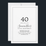 Minimale 40e verjaardag kaart<br><div class="desc">Deze minimalistische uitnodiging voor 40ste verjaardag is perfect voor een eenvoudige verjaardagsfeestje. Het moderne romantische ontwerp kenmerkt klassieke zwarte en witte typografie in combinatie met een robuuste, maar elegante kalligrafie met een stijl met handschrift. in elke kleur. Houd het ontwerp eenvoudig en elegant, zoals het is, of personaliseer het door...</div>