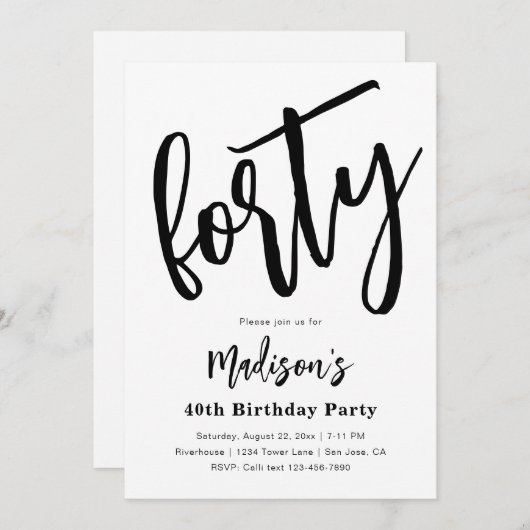 Minimale 40e verjaardag Uitnodigingen | 40e (Voorkant / Achterkant)