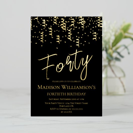 Minimale 40e verjaardag van zwart en goud F Folie Uitnodiging (Staand Voorkant)