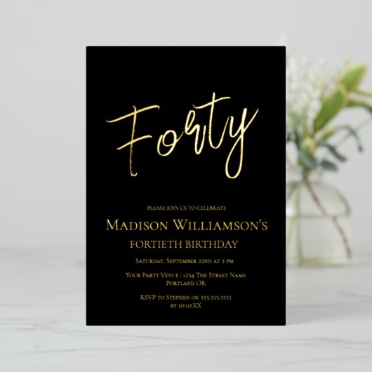 Minimale 40e verjaardag voor zwart en goud folie uitnodiging (Staand Voorkant)