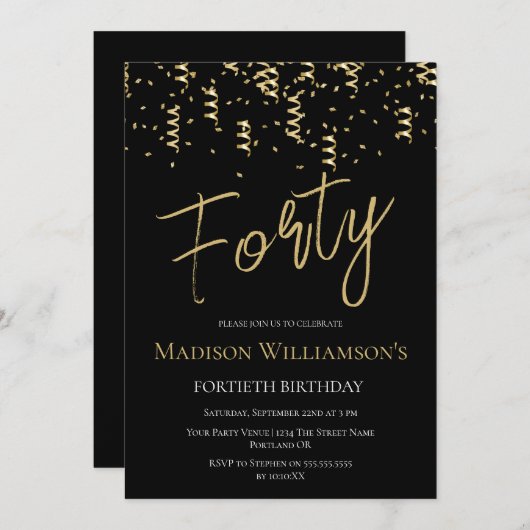 Minimale 40e verjaardag voor zwart en goud kaart (Voorkant / Achterkant)