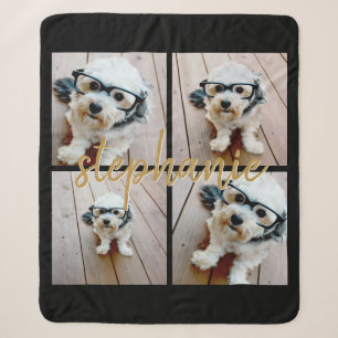Minimale 4 Foto Collage - Zwart - Gouden Script Te Sherpa Deken