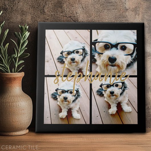 Minimale 4 foto-collage - Zwart - Gouden scripttek Tegeltje