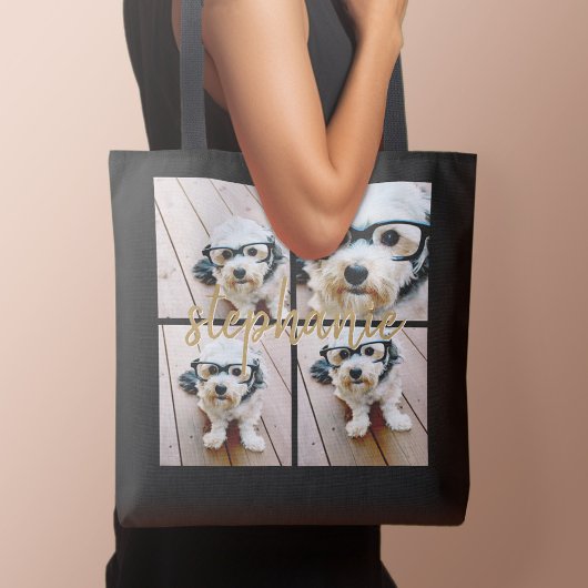 Minimale 4 foto-collage - Zwart - Gouden scripttek Tote Bag