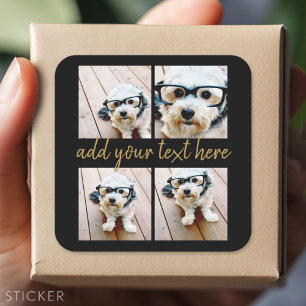 Minimale 4 foto-collage - Zwart - Gouden scripttek Vierkante Sticker