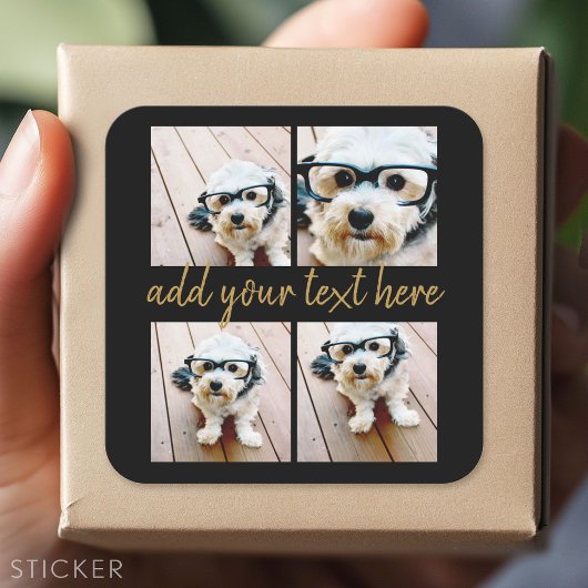 Minimale 4 foto-collage - Zwart - Gouden scripttek Vierkante Sticker