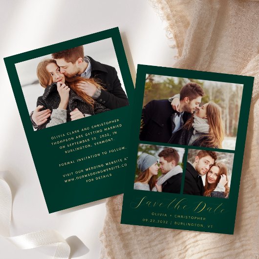 Minimale 4-foto Emerald Green Gold Save the Date Folie Uitnodiging