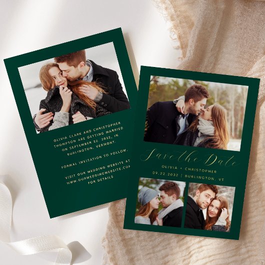 Minimale 4-foto Emerald Green Gold Save the Date Folie Uitnodiging