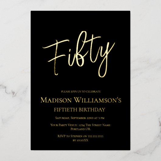 Minimale 50e verjaardag voor zwart en goud folie uitnodiging (Voorkant)