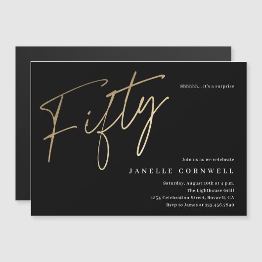 Minimale 50e verjaardag zwart Script Gold Magnetische Uitnodiging (Voorkant / Achterkant)