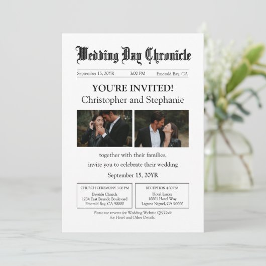 Minimale Aangepaste 2 Foto QR Code Krant bruiloft Kaart (Staand voorkant)