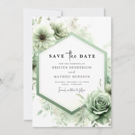 Minimale aangepaste typografie Sage Green Wedding Save The Date (Voorkant)