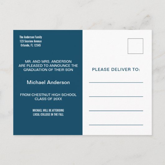 Minimale aankondiging van de marineblauwe Afstuder Briefkaart (Achterkant)