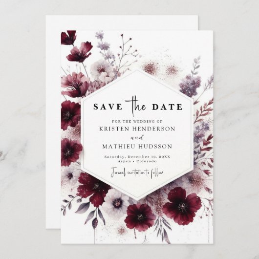 Minimale aardse Bourgondische bruiloft Save The Date (Voorkant / Achterkant)