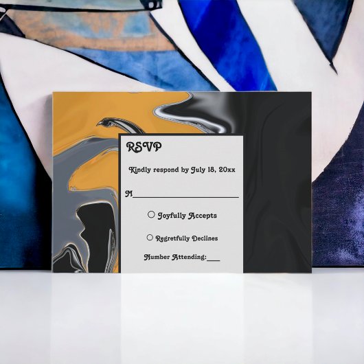 Minimale Abstracte bruiloft met zwarte goudwapenar RSVP Kaartje
