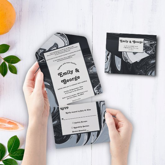 Minimale Abstracte en zwarte bruiloft All In One Uitnodiging