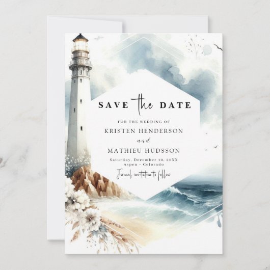 Minimale afdrukbare Whimsy Lighthouse bruiloft Save The Date (Voorkant)