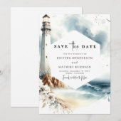 Minimale afdrukbare Whimsy Lighthouse bruiloft Save The Date (Voorkant / Achterkant)