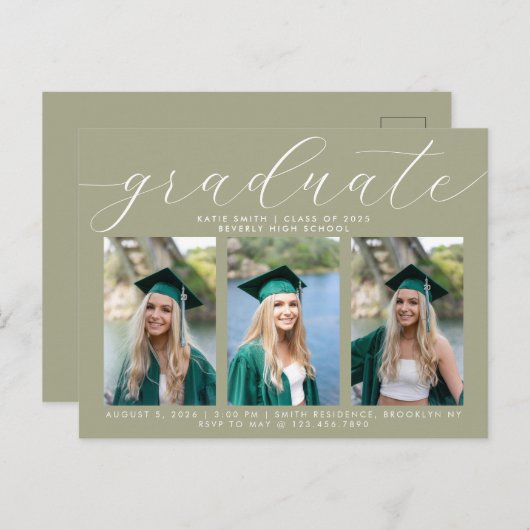 Minimale Afstuderen 3 Foto van Sage Calligraphy Uitnodiging Briefkaart (Voorkant / Achterkant)