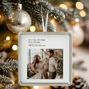 Minimale 'All Is Calm All Is Bright' Kerstfoto Metalen Ornament