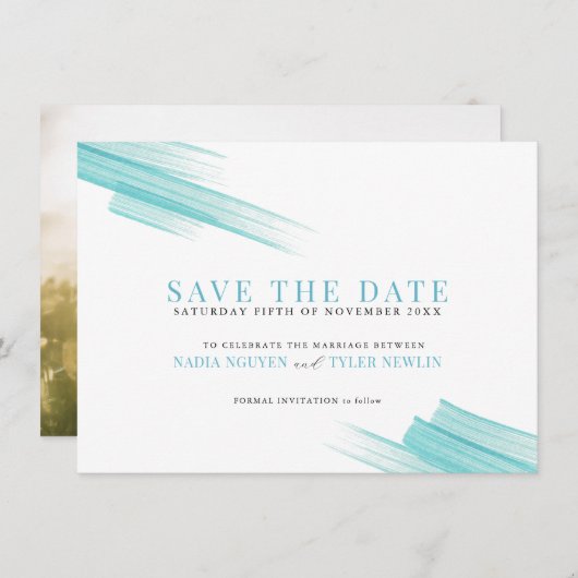 Minimale aqua-inktlijnen voor foto-bruiloft save the date (Voorkant / Achterkant)