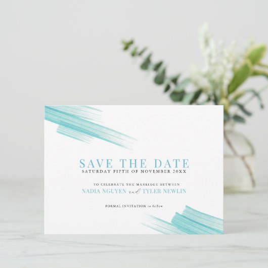 Minimale aqua-inktlijnen voor foto-bruiloft save the date (Staand voorkant)