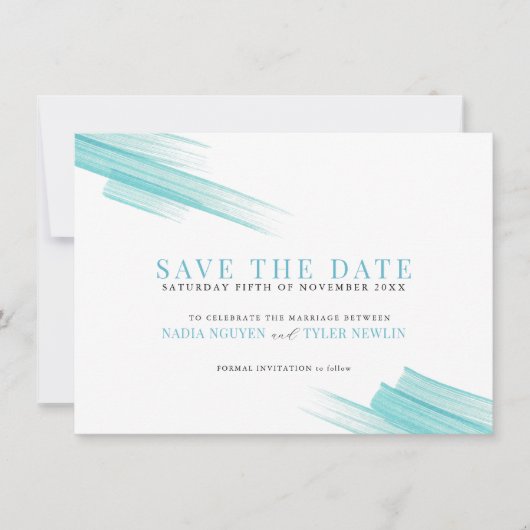 Minimale aqua-inktlijnen voor foto-bruiloft save the date (Voorkant)