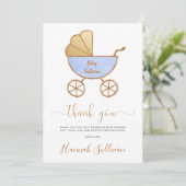 Minimale Baby Boy Douche Retro Carriage Blauw Goud Bedankkaart (Staand voorkant)