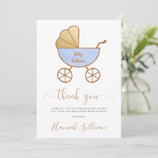 Minimale Baby Boy Douche Retro Carriage Blauw Goud Bedankkaart (Staand voorkant)