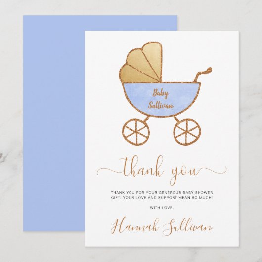 Minimale Baby Boy Douche Retro Carriage Blauw Goud Bedankkaart (Voorkant / Achterkant)