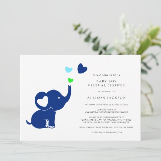 Minimale Baby Boy Virtuele Shower Cute Blue Elepha Kaart (Staand voorkant)