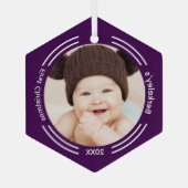 Minimale Baby Foto Paars Eerste Kerstmis Glas Ornament (Achterkant)