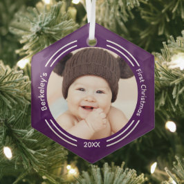 Minimale Baby Foto Paars Eerste Kerstmis Glas Ornament