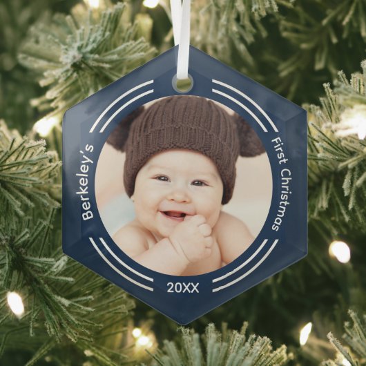 Minimale Baby-fotoblauw, eerste Kerstmis Glas Ornament (Insitu)