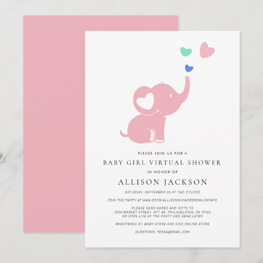 Minimale Baby Girl Virtual Shower Pink Elephant Kaart (Voorkant / Achterkant)