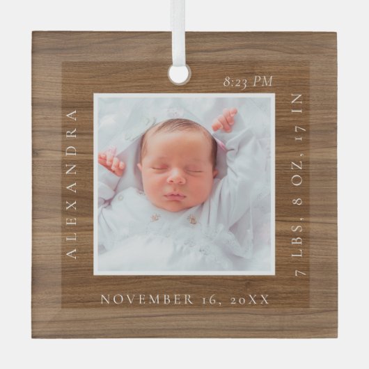 Minimale Baby Naam & Geboortestatistieken Foto Hou Glas Ornament (Voorkant)